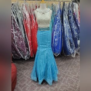 RACHEL ALLAN AQUA/WHITE 0 PROM DRESS